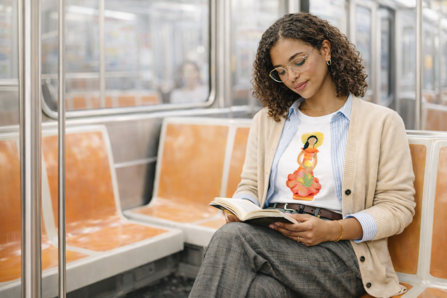Woman reading a book on a subway train