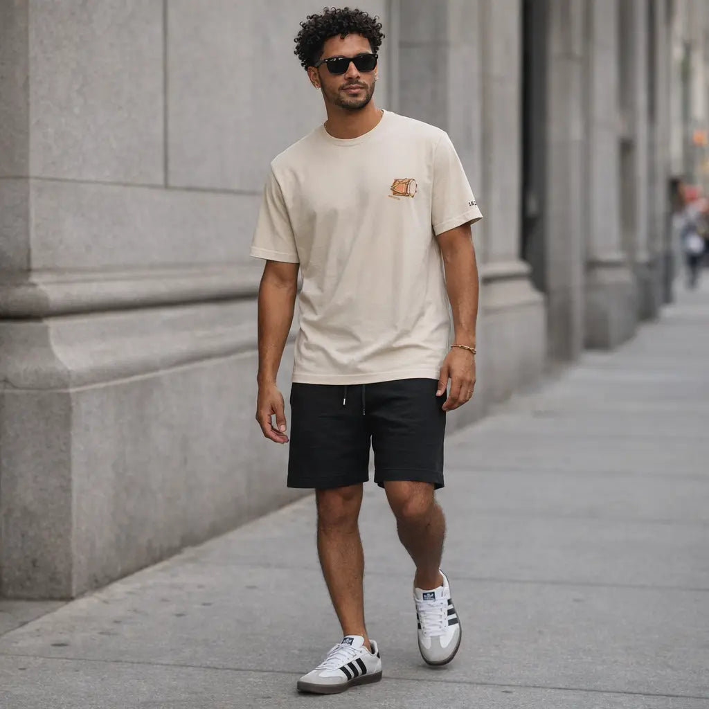 Man wearing a Cream unisex t-shirt with a small tambora drum illustration inspired by Dominican culture, black shorts, and white sneakers on a city street.